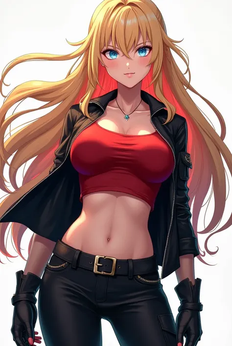 Loose blonde long-haired anime girl,  with red highlights and intense blue eyes . Dressed in a red tank top ,  with black pants and a black leather jacket, with a black boot