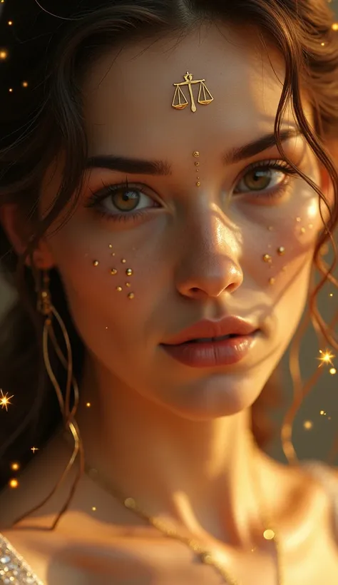 A Libra woman with a close-up of her face, expressive eyes, and a subtle enigmatic smile. Her radiant skin features soft signs of her Libra symbol, like small balance scales marked on her forehead and cheeks. A golden aura surrounds her face, reflecting th...