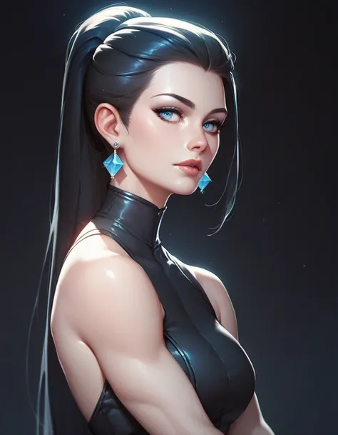 female sleeveless black catsuit, bare shoulders, racerback, bare toned arms, beautiful faces, black ponytail with showing forehead, long ponytail, earrings, soft smooth skin, pale skin, black background, blue eyes, sci-fi, high contrast