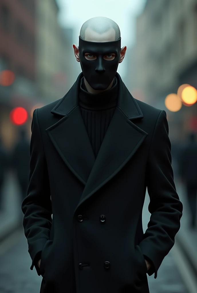 A thin and white man, 27 years old, born in United Kingdom, wearing a black overcoat and a mask that only covers from his nose to his forehead.