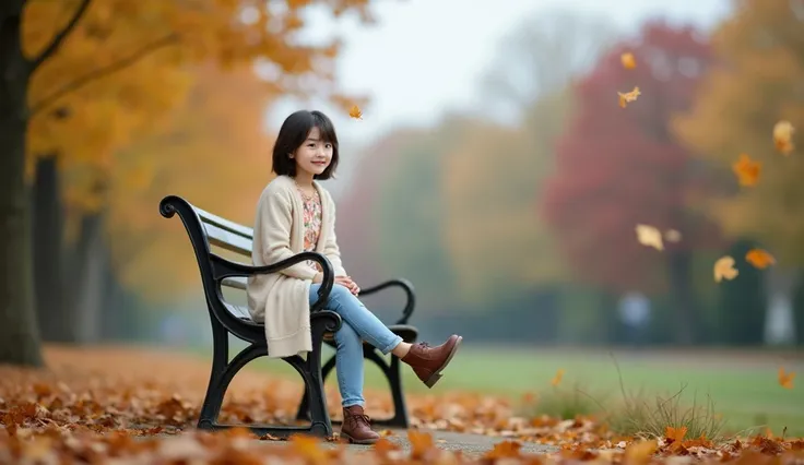 Round eyes , Smile, short medium length hair,  Autumn maple leaves are clear and beautiful .  Im wearing a short midi length cardigan over a floral dress. Short, medium length hair  . Full body Sbien  ,  Background where you feel the solitude of autumn whi...