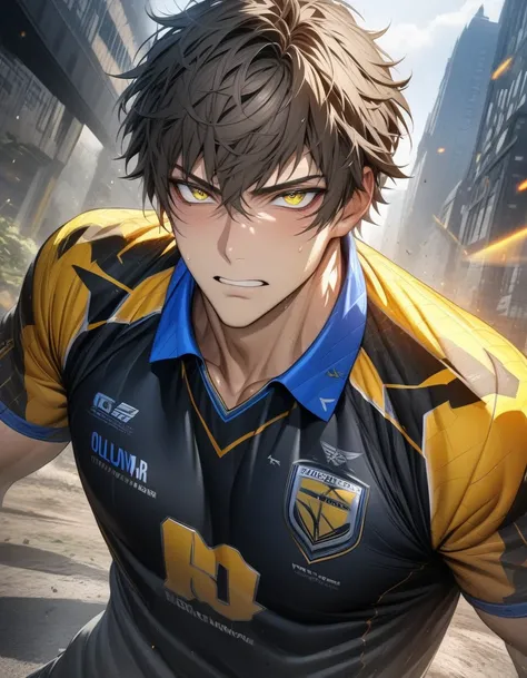 absurdres, highres, ultra detailed, HDR, masterpiece, extremely detailed face and eyes, brown short hair, expressive yellow eyes, bluelock power, 1man, handsome, volleyball uniform 