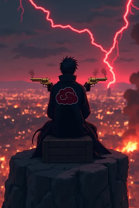 Anime Cowboy in black Alatsuki robe and Crimson anime spore clouds, holding golden pistols smoking at the tips from being fired, sitting on a wood box at the edge of a cliff at night staring at moon with a cinematic scene of burning city below in the dista...