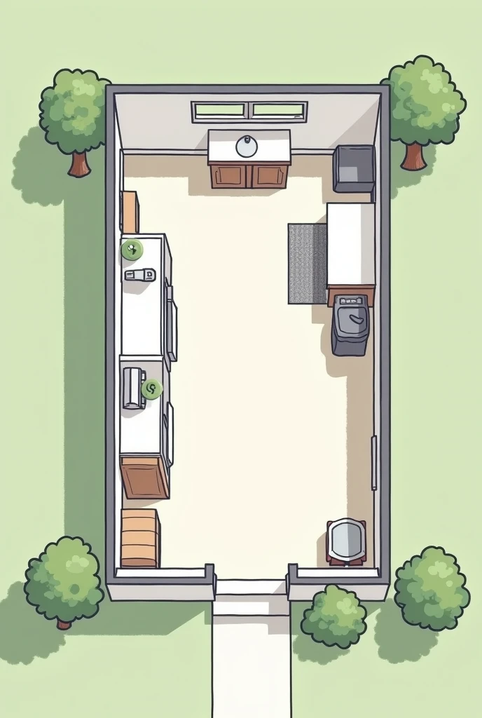 a simple diagram of a small house (top view) with garbage bins in the kitchen