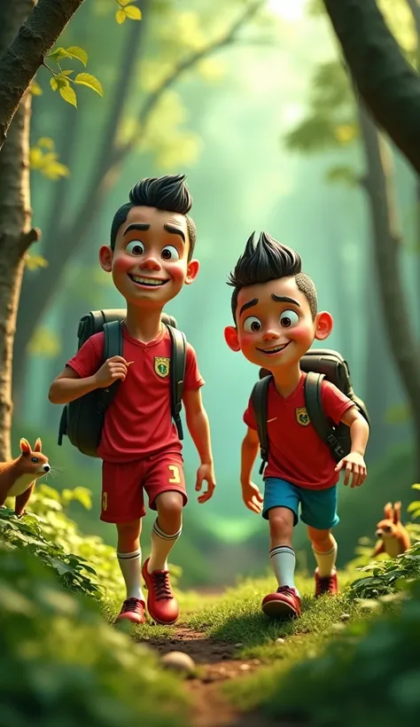 A vibrant 3D cartoon-style forest with Ronaldo wearing a Portugal jersey and Neymar in a Brazil jersey. Their large faces show excitement and curiosity as they explore the forest with oversized backpacks. Ronaldo has a confident grin, while Neymar looks sl...