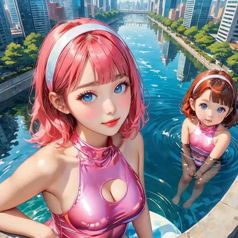 (City Reflected on Water), ((Three Japanese s :1.5))、(( sisters snuggle up in a friendly manner and sit beside the pool :1.5))、((full body:1.5, (slant eyes:1.5), ((extreme high angle:1.8)), ((looking down:1.8)), upturned eyes:1.5、 best quality, masterpiece...