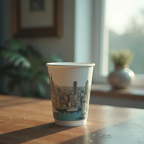 masterpiece, the water surface of the paper cup , city views from inside the house, anatomically correct, accurate,  high detail ,  high definition model with hammer,  textured skin, Zoom Layer, Reflected Light,8k, digital art, Simple, 