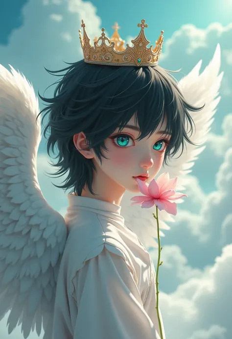 Semi-long, beautiful boys, adolescent, showy,  black hair,  turquoise eyes , clouds, with a crown, white angel wings, with a pink flower in her mouth, hearts