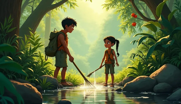 Here’s a detailed AI image prompt for **Scene 2: Jungle Mein Survive Karna**:

**Prompt:**
"Two teenagers, a 15-year-old boy and girl, are in a lush green jungle, surrounded by dense trees and vibrant foliage. The boy, Ayush, is focused on gathering water ...