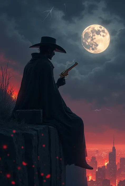 Masked Anime Cowboy in black Alatsuki robe and Crimson anime spore clouds, holding golden pistols smoking at the tips from being fired, sitting on a wood box at the edge of a cliff at night staring at moon with a cinematic scene of burning city below in th...