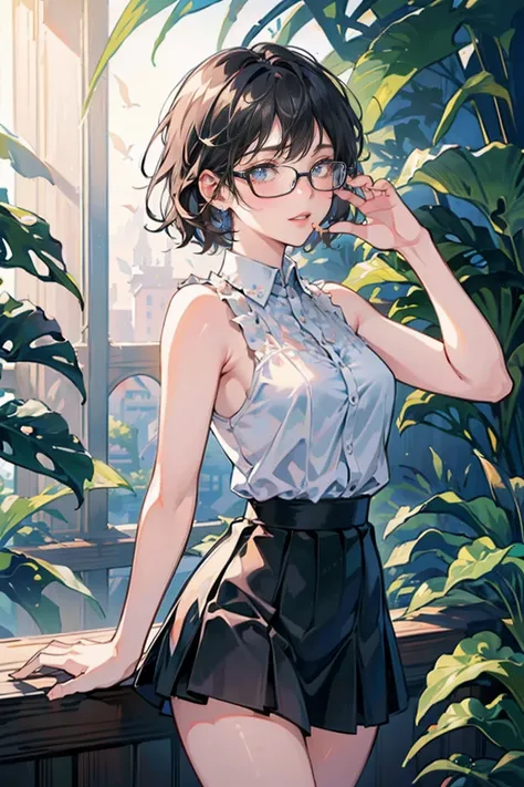 score_9, score_8, score_7, break, solo,  kujirai_r, 1girl, short hair, black hair, glasses, sleeveless, skirt, seductive, looking at viewer, tree, shadows, sunlight, natural lighting, holding panties,  cum on panties,  licking cum off panties,