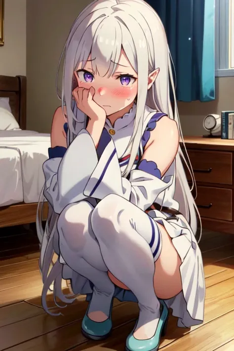 1girl,emilia (re:zero),pointy ears, grey hair, white hair, very long hair, blunt bangs, purple eyes,
BREAK detached collar, detached sleeves, frilled sleeves, frills, long sleeves, miniskirt, pleated skirt, ribbon, skirt, thighhighs, white skirt, white sle...