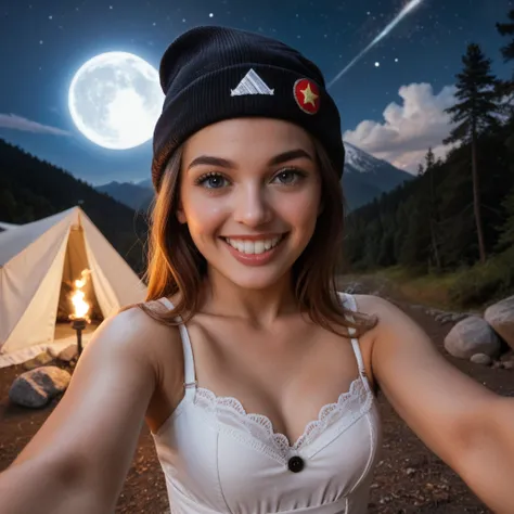 photo realistic, best quality, hyper detailed, gorgeous woman, selfie photo, upper body, only, tight bra, al fresco, (night), mountains, nature in real life, stars, moon, (cheerful, happy), tent, gloves, sundress, beanie, torch, forest, rock, river, wood, ...