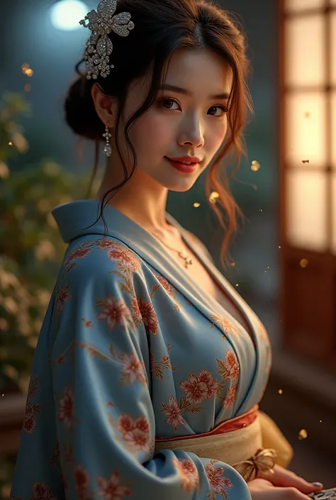 Ultra-realistic, 8k,   Very detailed 、  overall photo field  、Height: 170cm、膝から上でのポーズ Shiraishi Aso  そっくり、 目がbig 、  emphasizes depiction of volume removal in the photo  、   High Definition   、Realistic、Japanese Night、  gold powder falling in powder form   ...