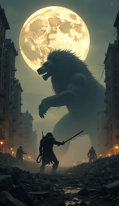 

**" A giant lion monster warrior fights with a giant camel monster soldier,  hitting each other amidst the destruction of the city .  The buildings collapsed around them ,  with the rubble scattered on the ground .  The dark night sky is decorated with a...