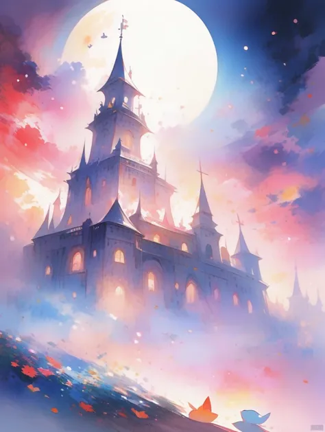 ( best quality,  high definition , Terror Castle ，Dark atmosphere，moon，Baby kitsune，