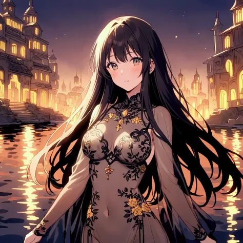 (woman, cute, age 30, long hair, sheer gown no underwear, intricate arcane embroidery) wanders by the coast outside a bright, golden fantasy city, reflected in the water, moonless night
