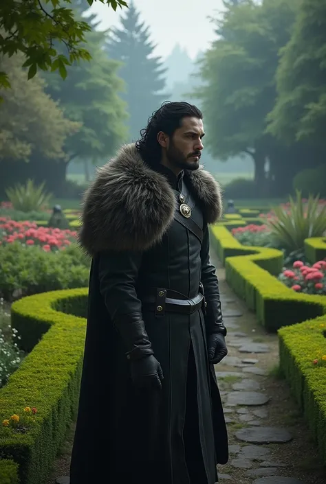 A Jon snow realizing his mistake standing between garden 
