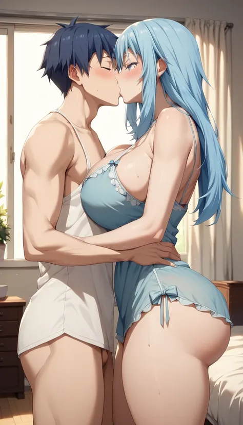 Gigantic breast,wide hips,long blue hair,nightie,bedroom,white room,blush,rimuru tempest,standing,view from back,huge ass,side view,kiss a man