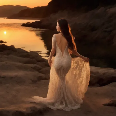 (woman, cute, age 30, long hair, sheer gown no underwear, intricate arcane embroidery) wanders by the coast outside a bright, golden fantasy city, reflected in the water, moonless night
