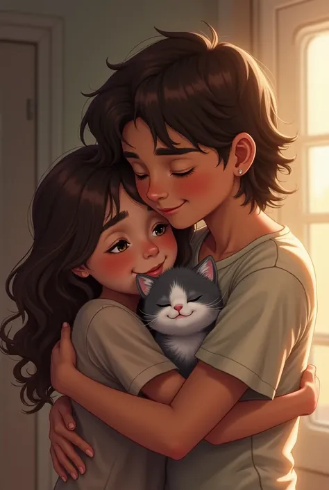 Some female and male brothers hugging each other happily and crying.
 The younger sister with brown skin and long wavy hair and the older brother with brown skin and wavy hair hugging a gray and white kitten 