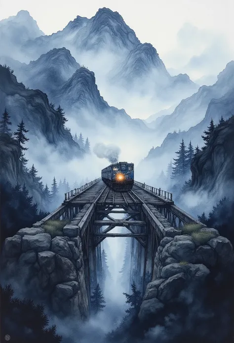 (masterpiece:1.2,Superior Quality,Mirror finish, Cinematic Experience, best illustration:2.0),8k,(Watercolor:2.0),(An old bridge shrouded in fog :2.0),(An old bridge is built in a mountainous area:2.0),( bridge over the mountainous area :2.0),( A freight t...