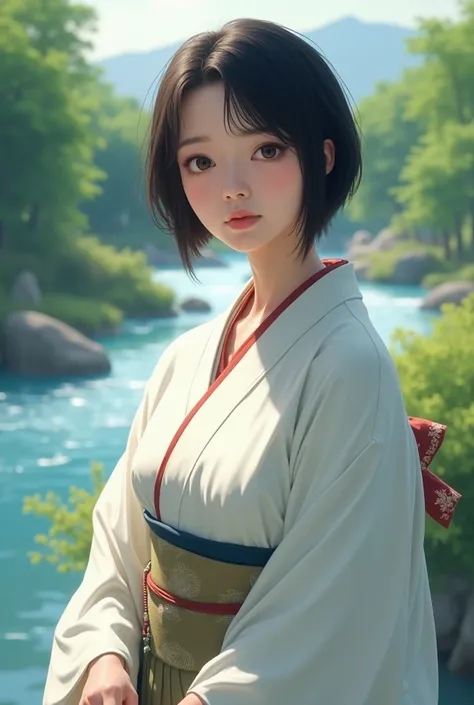  Woman in a white kimono .  With black hair and short hair up to her shoulders.
River in the background . A woman whose age is 45.