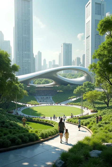 Create a futuristic and ecological park that has a sports park and recreational areas