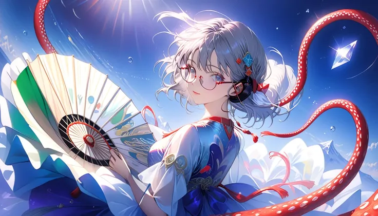 (( best quality))、((masterpiece))、(( super detailed))、( very delicate and beautiful )、With a girl(((Glasses:1.3)))、 headphones、 Short Hair、 dull bangs、 magical atmosphere 、Mysterious Shadow、Fascinating views、 dynamic pose、Dramatic perspective 、 intricate d...