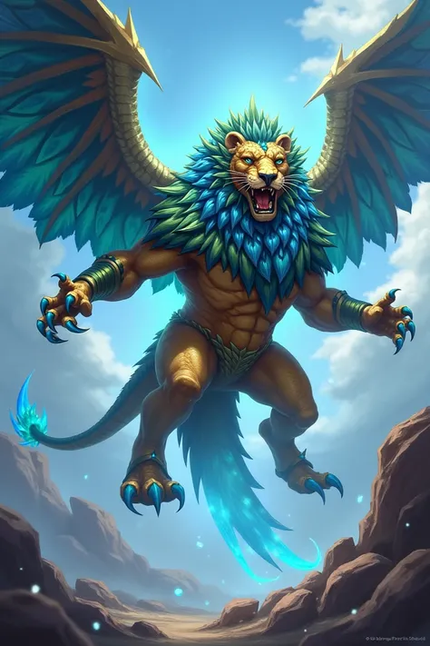 
" Create a detailed illustration of a legendary creature called Leoaquilator ,  the fusion of a lion with a minotaur and an eagle with a dragon .  The creature must have a lions head adorned with scales over its eyes and jaw,  and a mane that mixes with i...