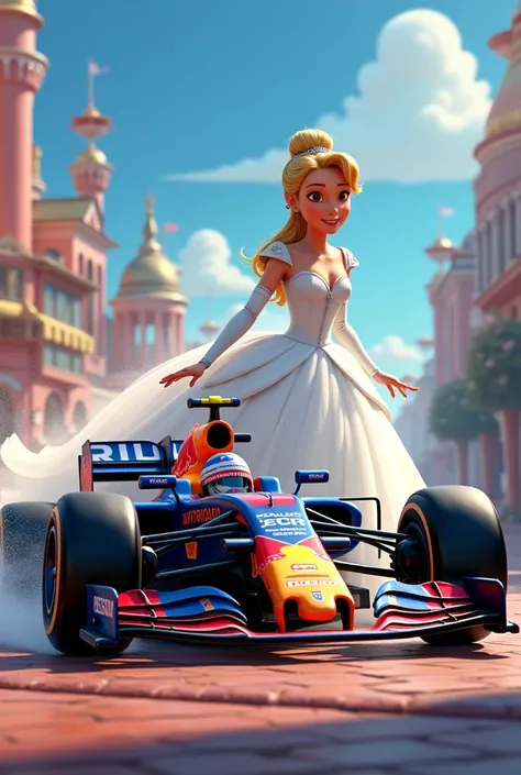 Checo Pérez charges Cinderella in animated style/ cartoon
Cinderella wearing a white wedding dress and her red bull outfit 