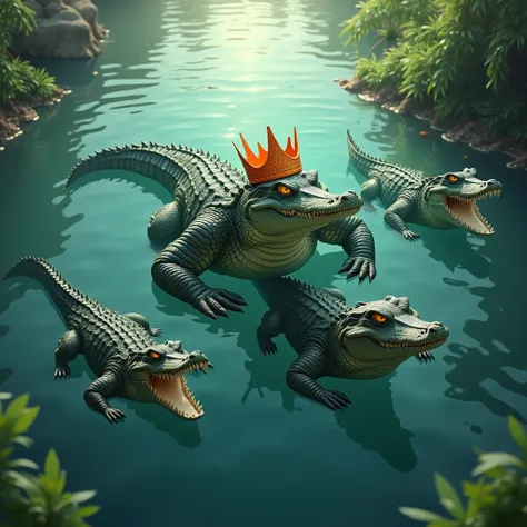 crocodile royal family with ren wearing orange crown with strong body in water