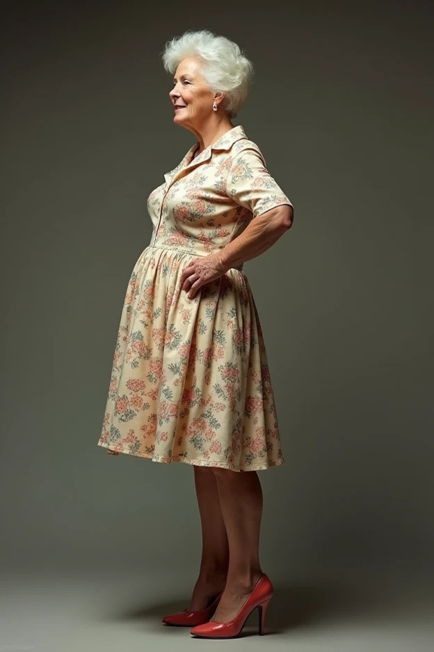 Create a real photo of an elderly grandmother wearing a flare skirt shirtwaist print dress and 6 inch stiletto heels. She sports abnormally huge breasts which look engorged with milk and cause the shirtwaist dress to stretch to capacity while displaying a ...