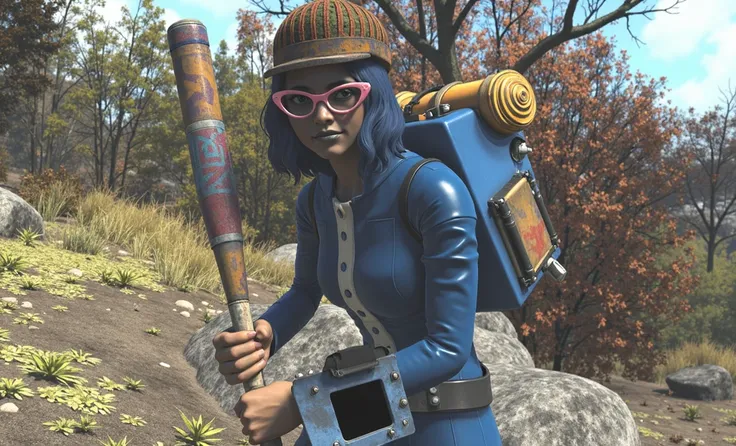 there is a watercolor drawing of a woman with a backpack and a baseball bat, apocalyptic fallout 7 6, fallout 76, fallout 7 6, stylization for fallout 4, dressed as a scavenger, post - apocalyptic scavenger, detailed fallout npc! high angle, in the fallout...