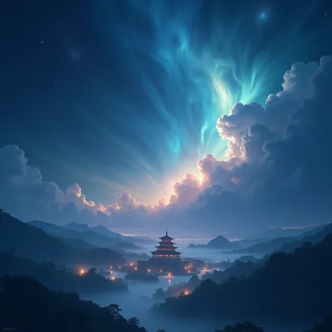  A breathtaking, cinematic photograph showcasing an ancient Chinese city and sky at nighttime, with swirling clouds of iridescent hues, set against a deep, dark blue background, evoking a sense of wonder and magic, captured with a shallow depth of field, e...