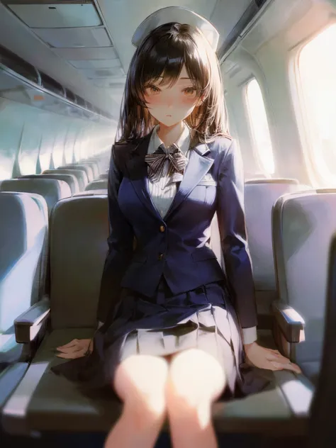 (masterpiece, highest quality:1.2),  1 girls, 
((flight attendant suit and skirt)),  (white garter belt) ,  (aisle inside an air...