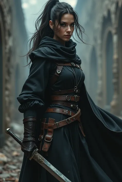 A woman with dark hair with a horse tail at the side, wearing black clothes and a leather belt, thieves clothes, a mercenary killer costume made of black fabric and waving a sword, a medieval fantasy costume. Loose fabric clothes with a robe