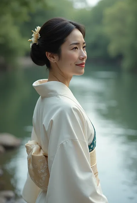  Woman in a white kimono .  With black hair and short hair up to her shoulders.
River in the background . A woman aged 45.  The woman is seen in full growth.