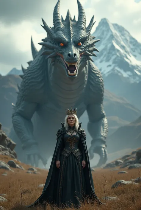 Medival queen with crown, middle aged, beautiful, realistic, in dark clothes, standing in front of a big dragon, in a field with mountain background 