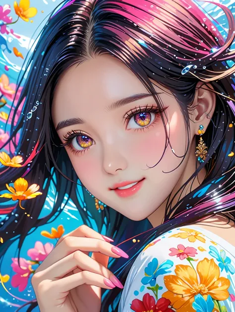  1 girl,Sparkling Eyes, smiles lightly, Long Hair, black hair,(Long Hair:1.7),  hair bow ,  bracelets staring at the viewer, ring, (Hands-on:1.5),( nail design :1.5),during,stud earrings,T-Shirts,  Exquisite Makeup ,視聴者To見る,Front,comics, upper body,  acryl...