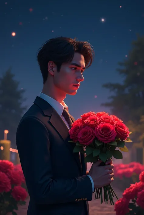 A man with a bouquet of roses at night