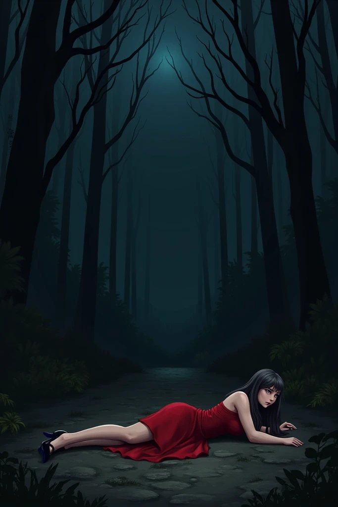 A woman who is lying on the ground in a red dress in the woods who is at night and she is very scared wearing black heels