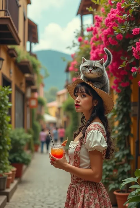 Vintage mode , Alice in Wonderland from the story but now Alice a little bit Maia and in the city of the bougainvilleas in the city of the city of Antigua Guatemala and the cat Rison holding a cocktail with his tail