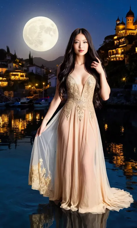 (woman, cute, age 30, long hair, sheer gown no underwear, intricate arcane embroidery) wanders by the coast outside a bright, golden fantasy city, reflected in the water, moonless night
