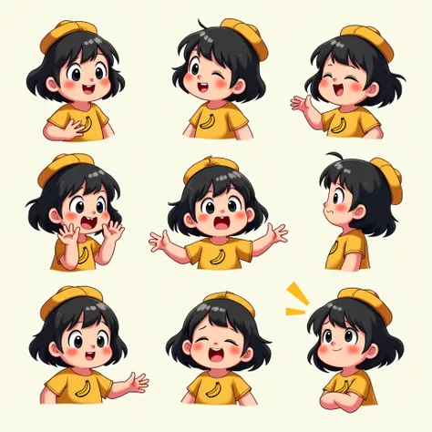 "A cute Chubby Girl with a round face . Big Eyes , A cute Chubby Girl has Bang short black hair and rosy cheeks, wearing Yellow T-shirt with a banana design on it. (9 emojis，emoj (beret) gauges，Align arrangement)，9 poses and expressions (grieves，astonishme...