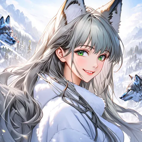  1 girl, Long Hair, bangs,  best quality, Wolf Ears,  wolf cut,  high definition , smile, Green Eyes,Gray Hair,