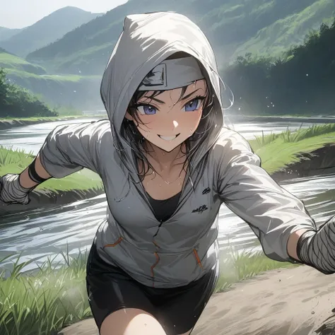 (masterpiece, Highest quality), One person,   Pick and throw away, Cute girl、Small breasts,    Cool smile、jogging, punch, Outstretched fist, river, Embankment, Steep grassy slope, Bandaged hand, Hood Cover Head, Hooded jacket, Sports shorts, Sweat, Breatht...