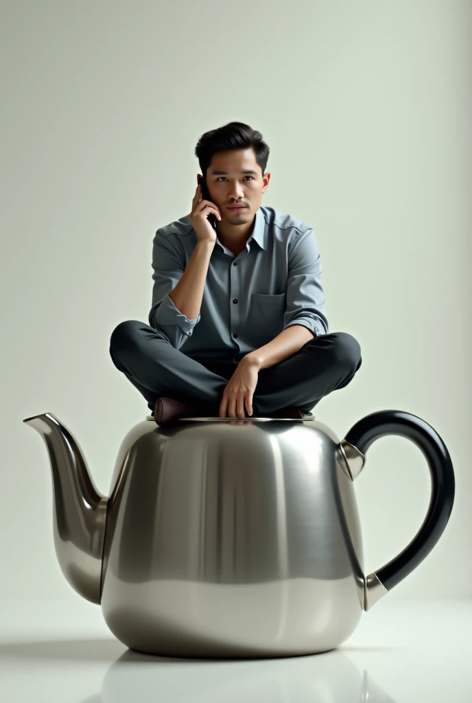 an Indonesian man sat on top of a stainless teapot, his phone call in someone,seriuosly