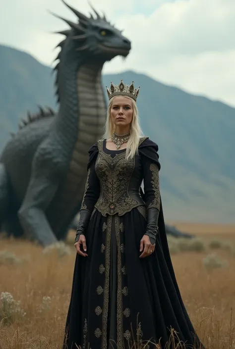 Medival queen with a crown, middle aged, beautiful, realistic, in dark clothes, standing in front of a 8 foot dragon, in a field with mountain background 