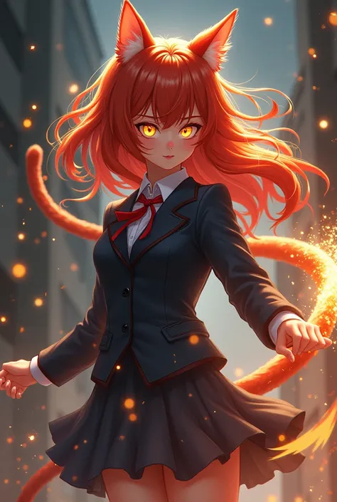 league of regends　 girl with cat ears 　Wind Magic　 glitter　School blazer uniform　Fantasy red and orange straight and long hair　 glowing eyes　Light shines in the dark 　 cool expression 